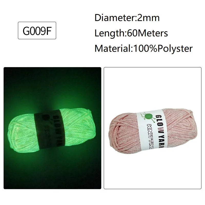 Green glow-in-the-dark polyester yarn labeled G009F with specifications for diameter, length, and material.