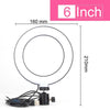 A circular LED ring light with a black adjustable tripod base and cable, measuring 6 inches.