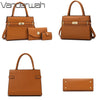 A brown leather handbag and matching coin purse displayed side by side.