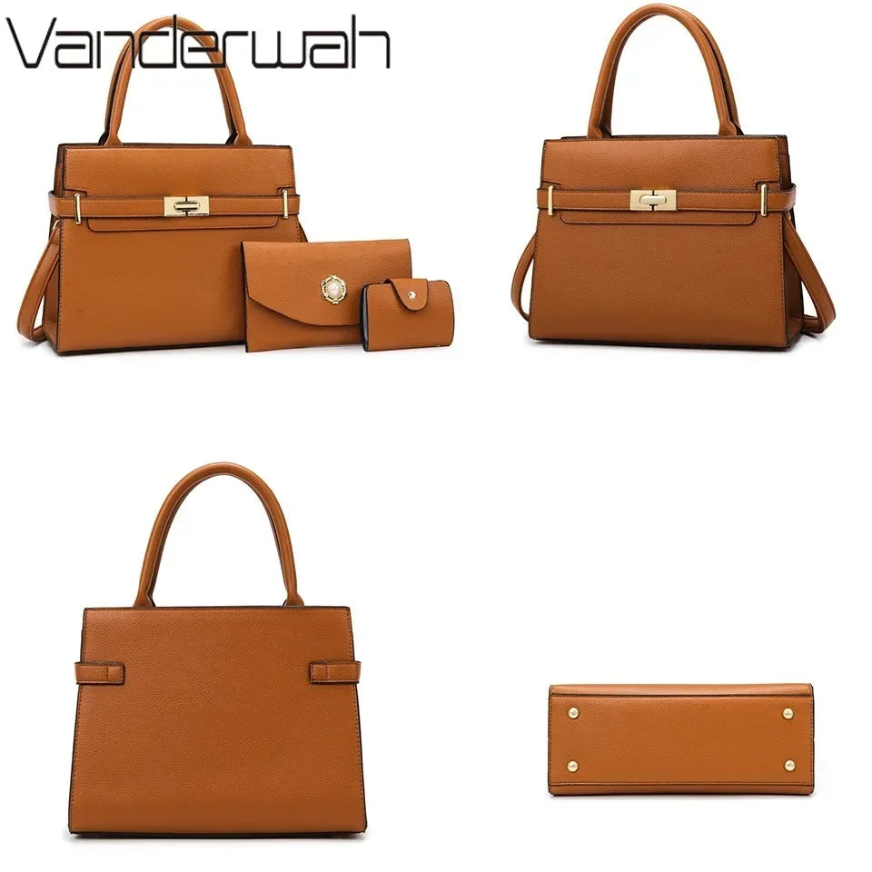 A brown leather handbag and matching coin purse displayed side by side.