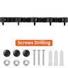 Black heavy-duty wall-mounted tool rack with four slots and five hooks and various screws