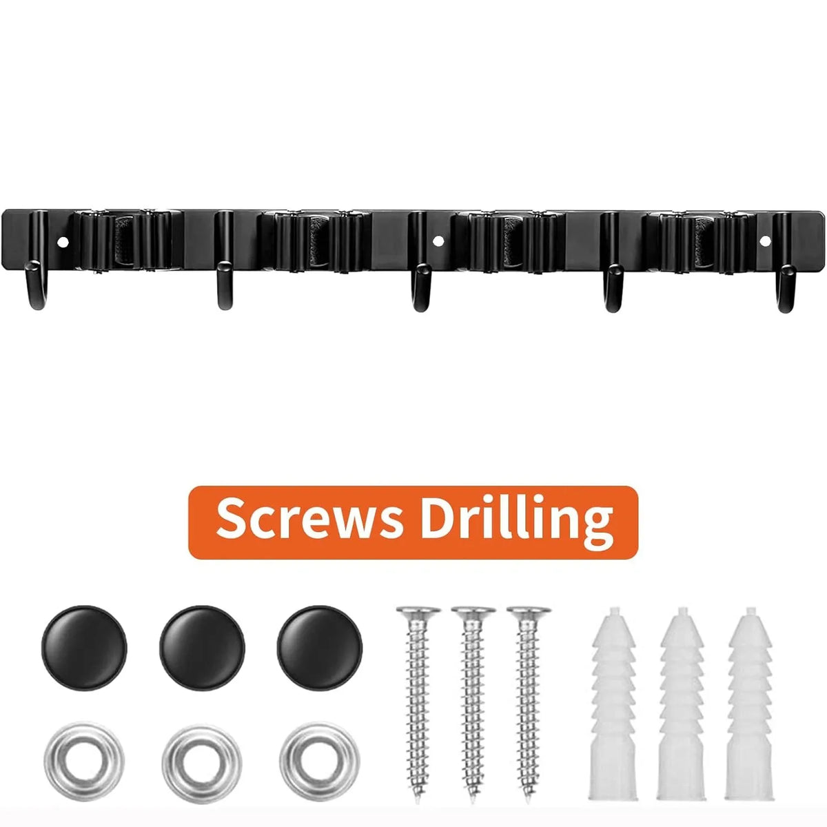 Black heavy-duty wall-mounted tool rack with four slots and five hooks and various screws