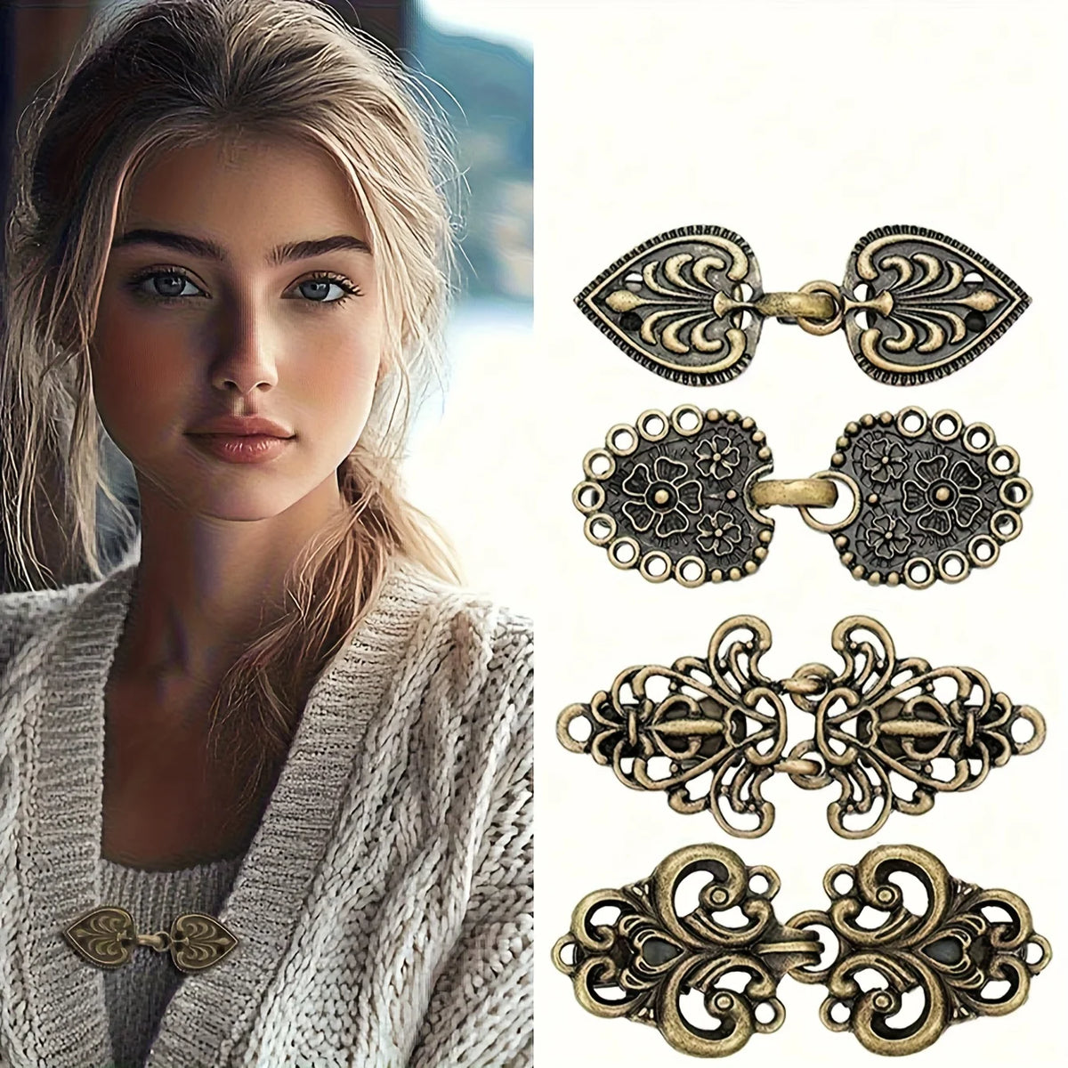 Gold and silver vintage rotating sweater clips for cardigans and shawls displayed on a model.