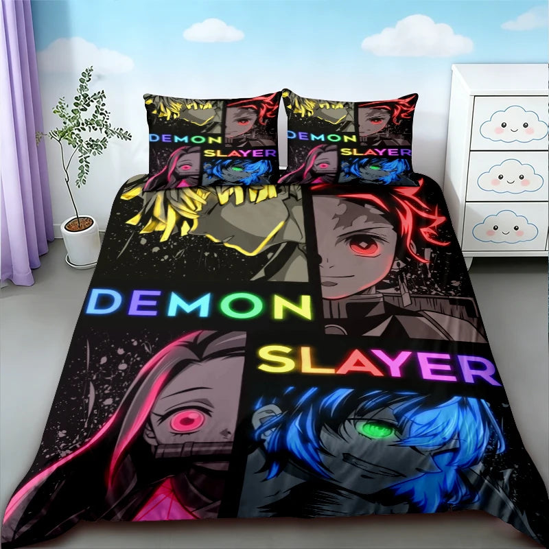Demon Slayer themed duvet cover set featuring characters like Nezuko and Slayer designs