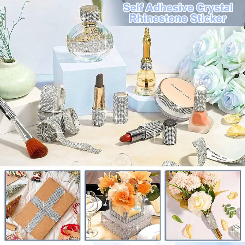 A collection of self-adhesive crystal rhinestone stickers and ribbon decorations for DIY crafting projects.