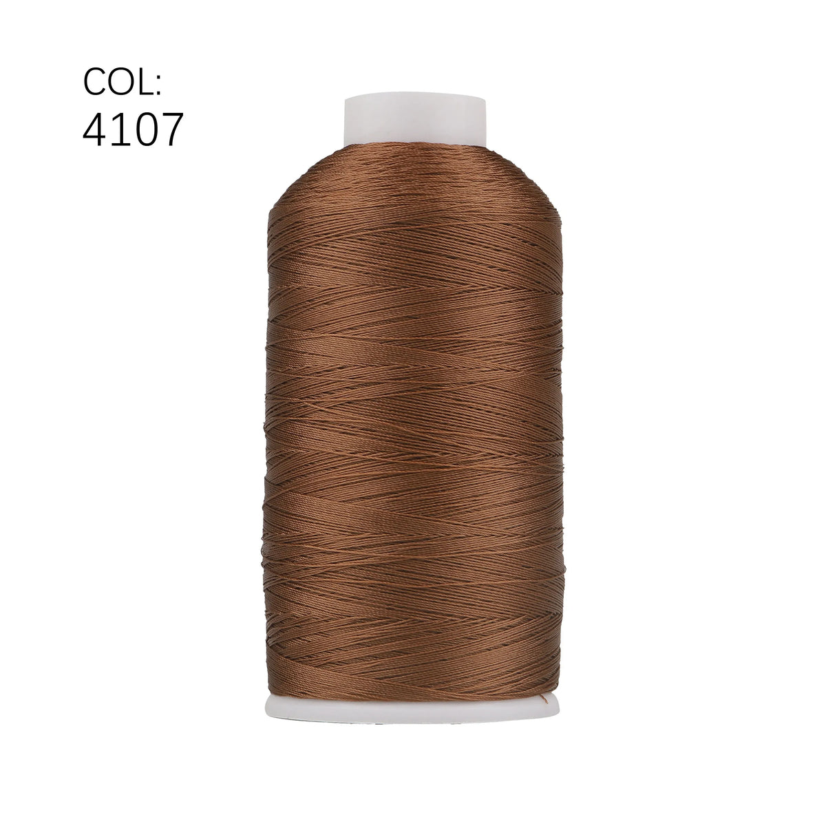 A spool of brown heavy-duty nylon bonded thread labeled COL: 4107.