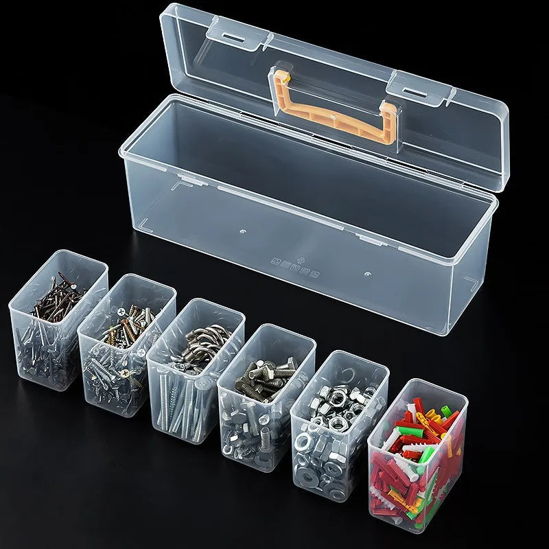 Clear plastic multi-compartment tool organizer storage box with an open lid and several smaller compartments filled with vari