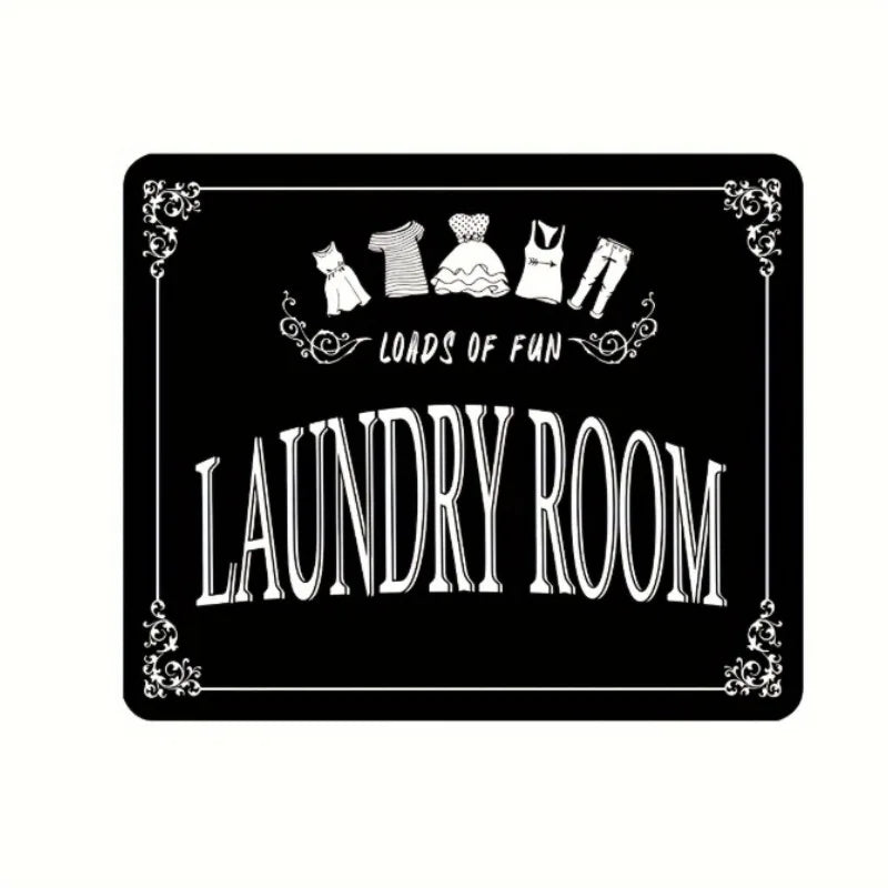 Black graphic design featuring clothing items and the text LOADS OF FUN and LAUNDRY ROOM