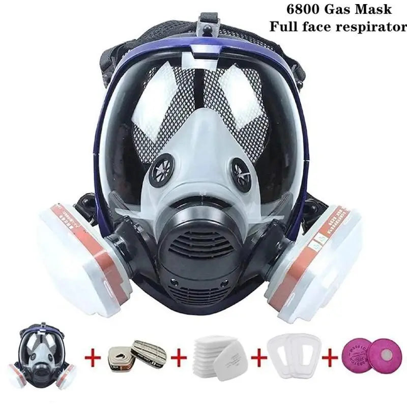 A black and white full face gas mask respirator with an anti-fog visor and various accessories shown below.
