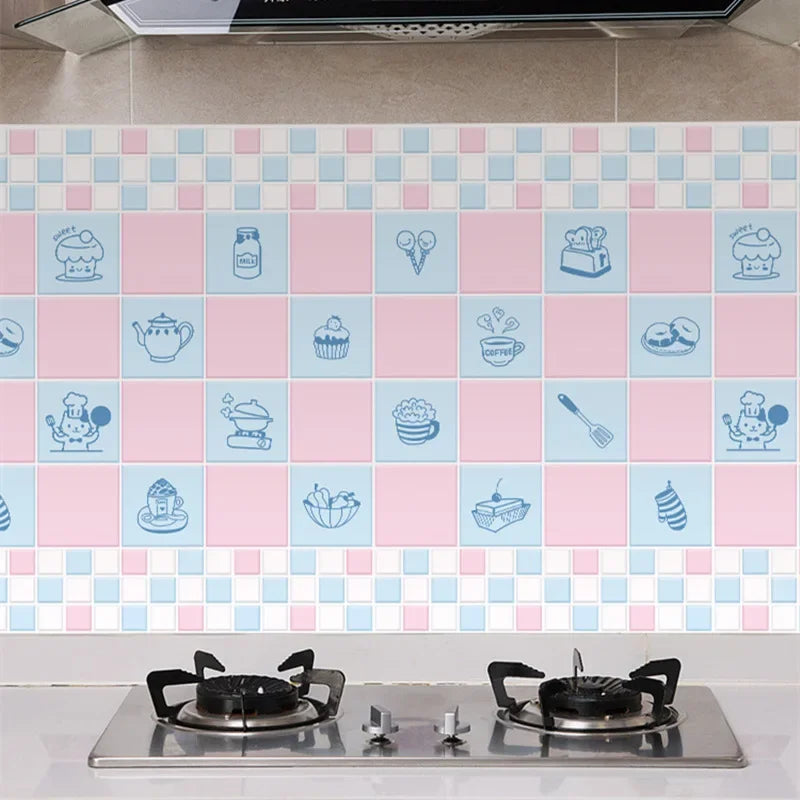 Pink and blue tiled kitchen splashback wallpaper featuring various food icons.