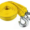 Yellow heavy duty car tow rope coiled with silver safety hooks