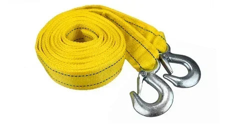 Yellow heavy duty car tow rope coiled with silver safety hooks