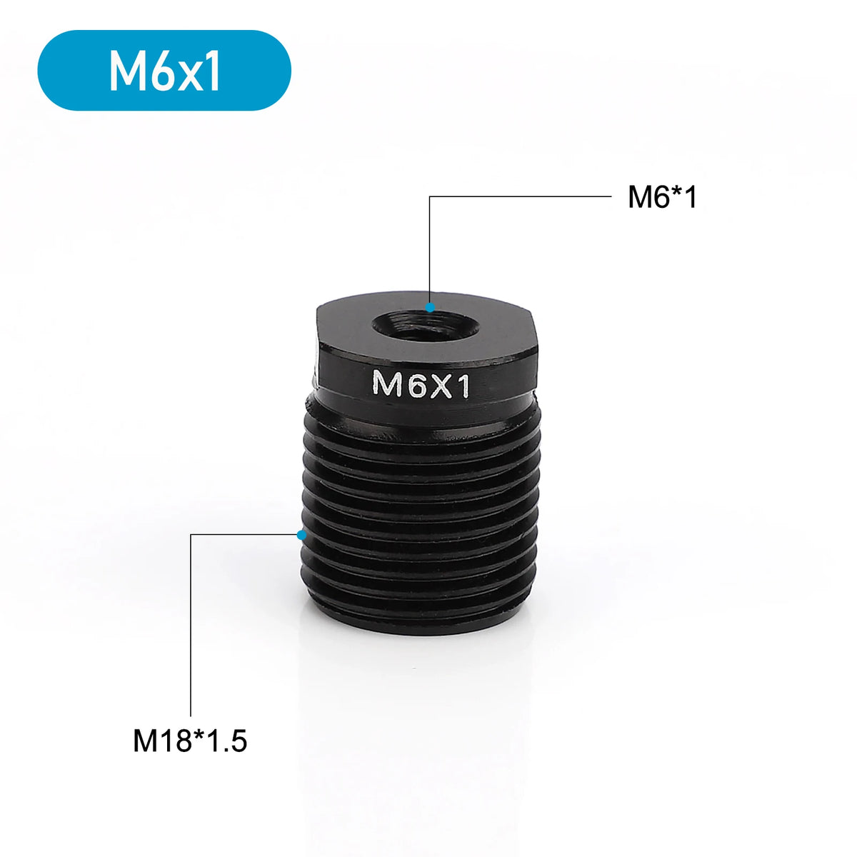 A black M6x1 threaded adapter with an M18x1.5 thread, used for a universal aluminum alloy shift knob.