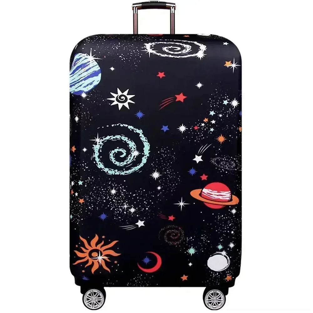 A black suitcase with a colorful, swirling galaxy pattern and a red hat design.