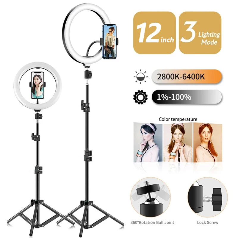 A tripod stand for a 33cm selfie ring light with a phone holder and 360 rotation ball joint.