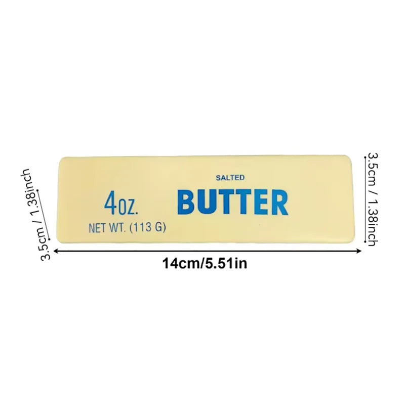A rectangular yellow butter stick labeled 4oz salted butter with dimensions 3.5cm x 1.38inch.