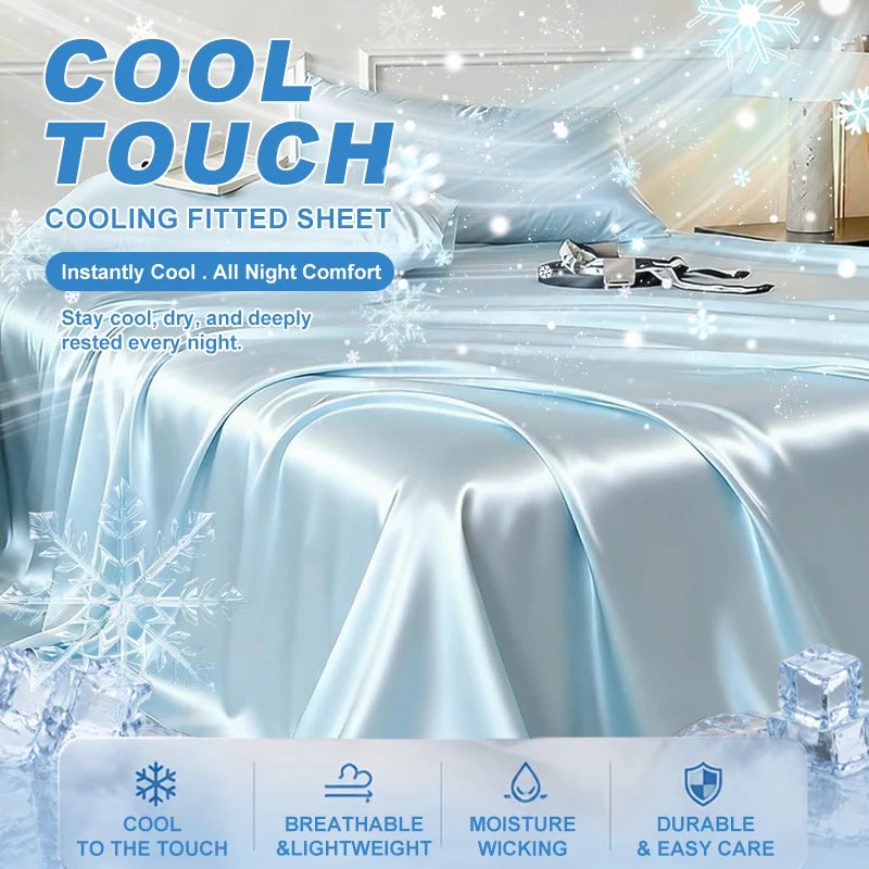 A close-up of a silky blue cooling fitted sheet on a bed, emphasizing its cool touch and breathable features.