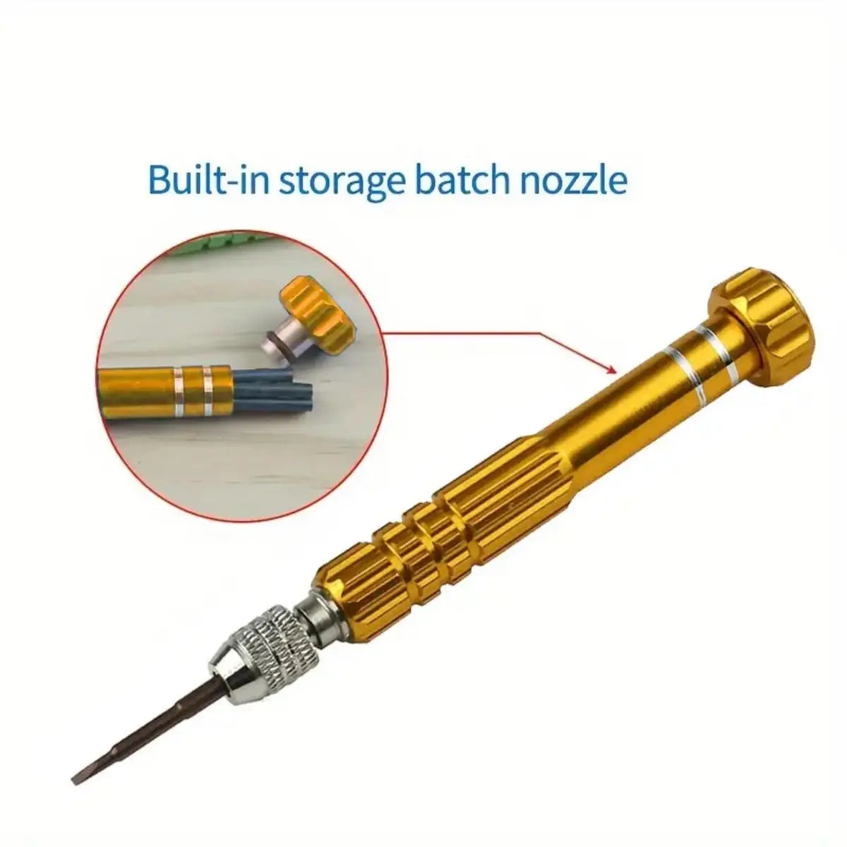 A gold-colored batch nozzle tool with a screwdriver tip and storage component shown next to an inset circle.