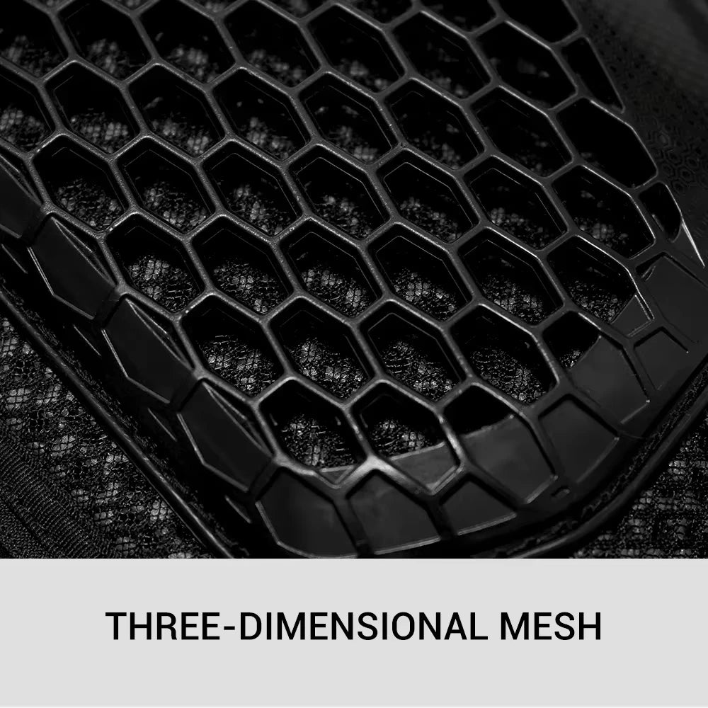 Close-up view of black three-dimensional mesh armor for motocross jacket protection
