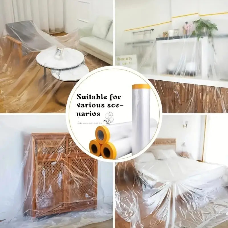 Pre-taped masking film used to protect surfaces during painting, shown in various application scenarios.