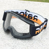 Black and orange retro motorcycle sunglasses with white text on the strap
