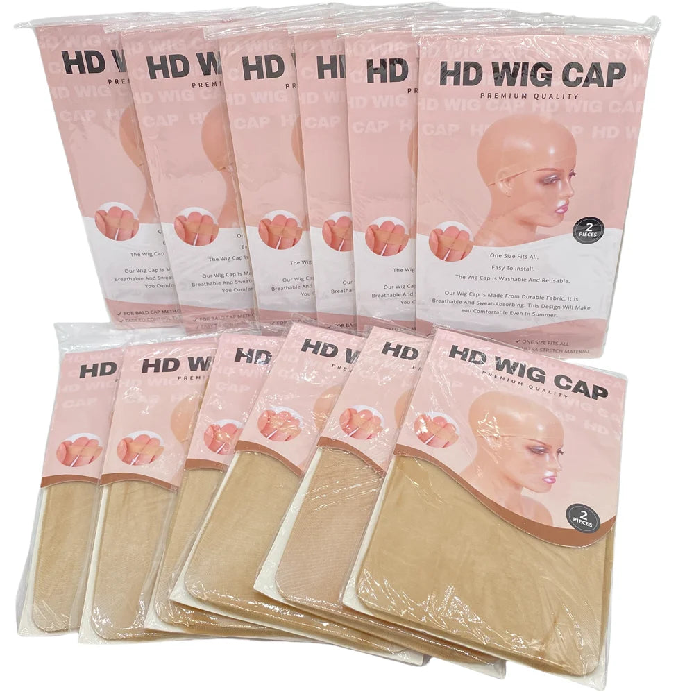 Colección de gorras/capas de peluca transparentes HD en varios tonos, empaquetadas para la venta.