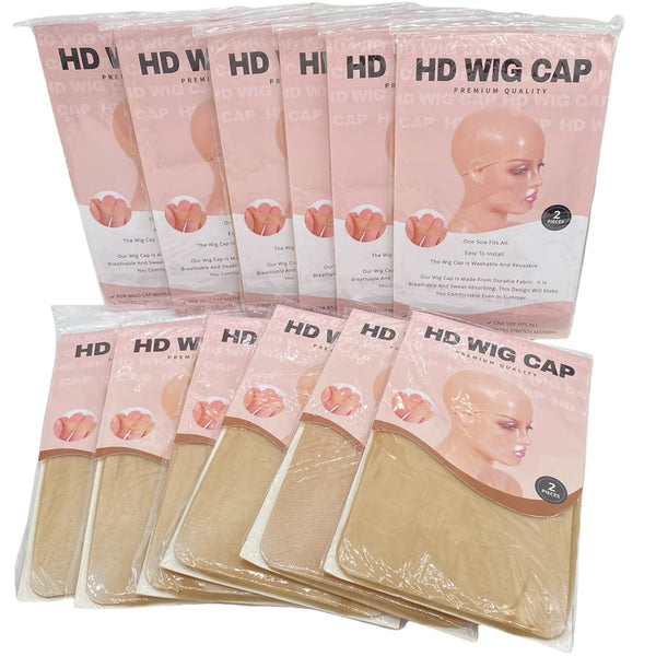 A collection of HD sheer wig caps in various shades packaged for sale.