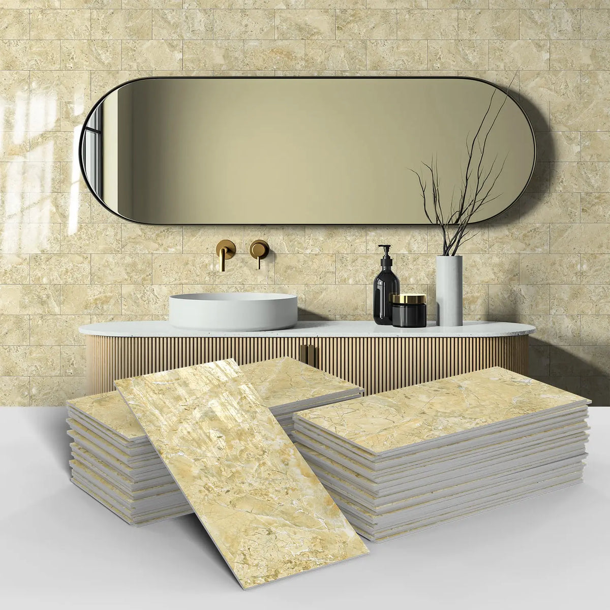Stacks of marble self-adhesive wall stickers in beige and gold tones displayed in a bathroom setting.