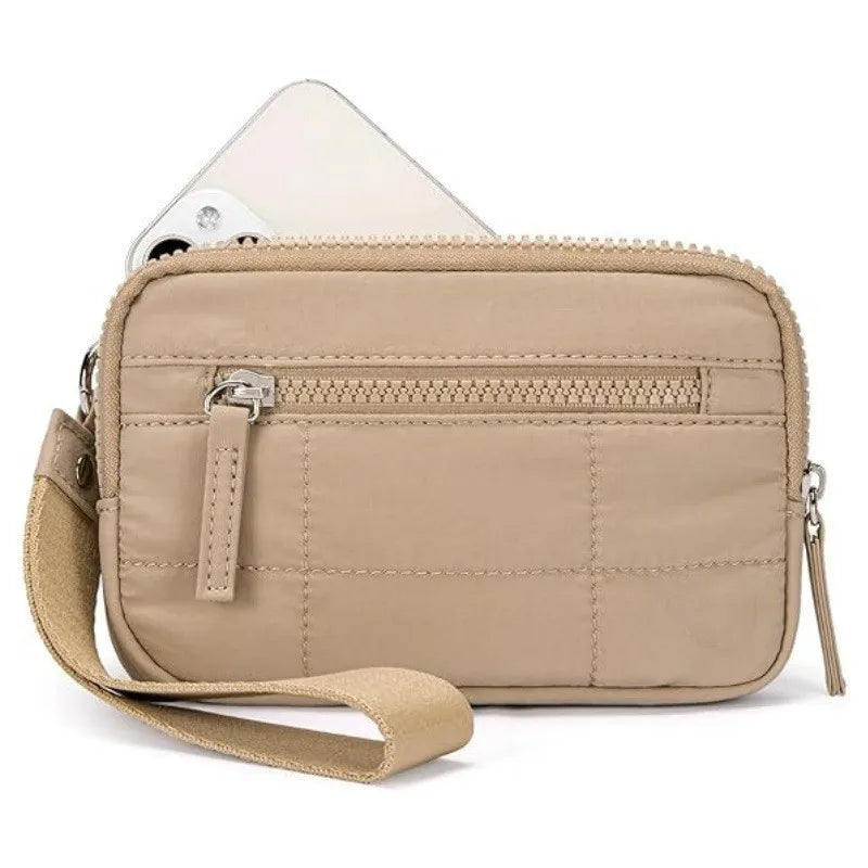 Nylon Quilted Wristlet Wallet with Three Zipper Compartments