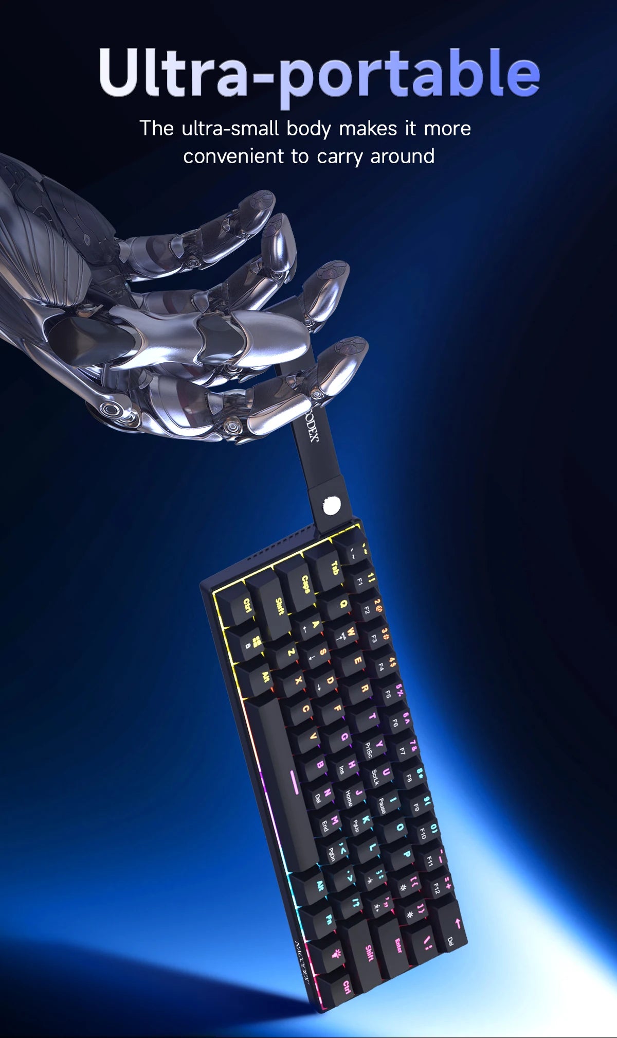 Nahaufnahme einer mechanischen Gaming-Tastatur mit hot-swappable Switches, gehalten von einer metallischen Roboterhand.