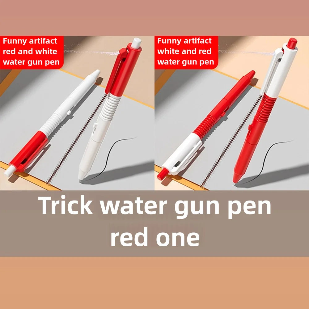 A red and white trick water gun pen is shown with its components separated.