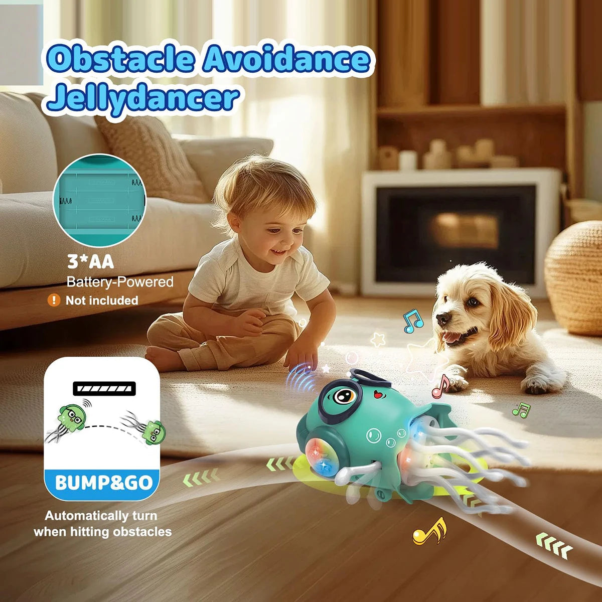 A child is interacting with an obstacle avoidance jellyfish toy that uses bump and go technology.