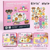 A set of magnetic dress-up quiet books for children showing various scenes like arranging a room, afternoon tea, and a dressi