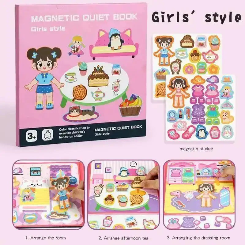 A set of magnetic dress-up quiet books for children showing various scenes like arranging a room, afternoon tea, and a dressi