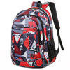 A red and blue patterned laptop backpack with black straps and pockets.