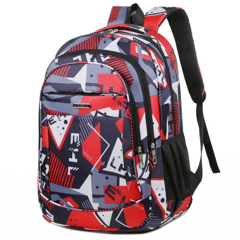 A red and blue patterned laptop backpack with black straps and pockets.