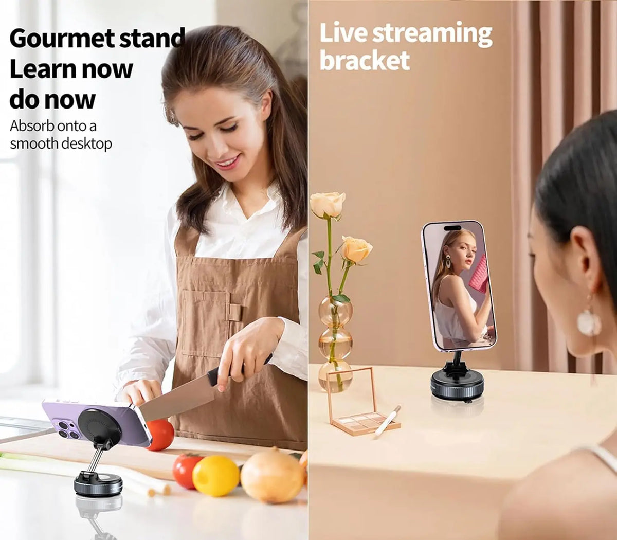 A woman is shown using a magnetic wireless car charger mount with vacuum suction and a 360° foldable arm on a desk.