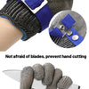 A set of stainless steel cut-resistant safety gloves in gray and blue, shown in various close-ups and usage context.