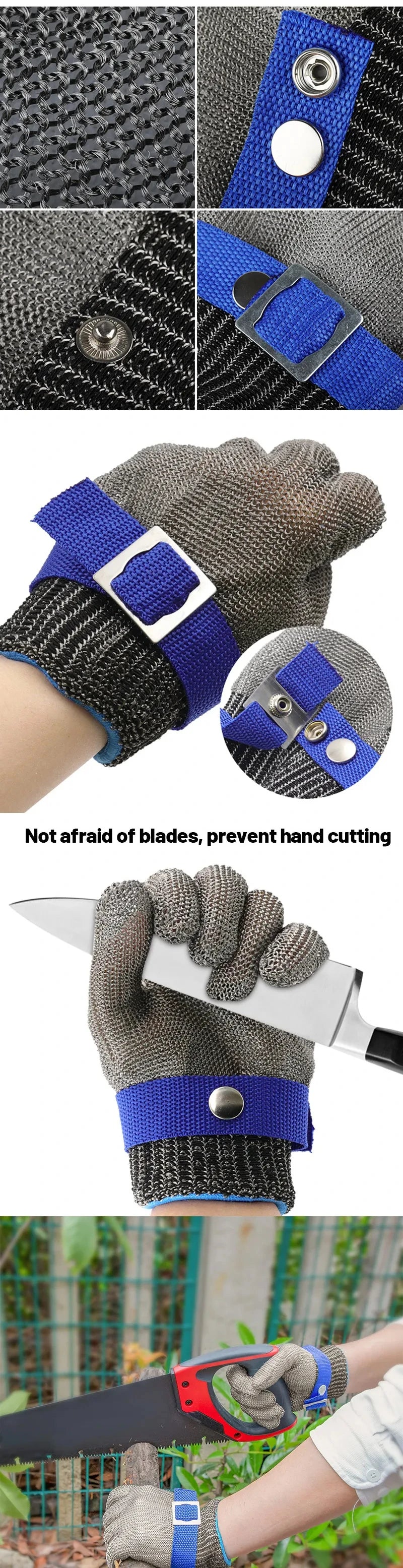 A set of stainless steel cut-resistant safety gloves in gray and blue, shown in various close-ups and usage context.