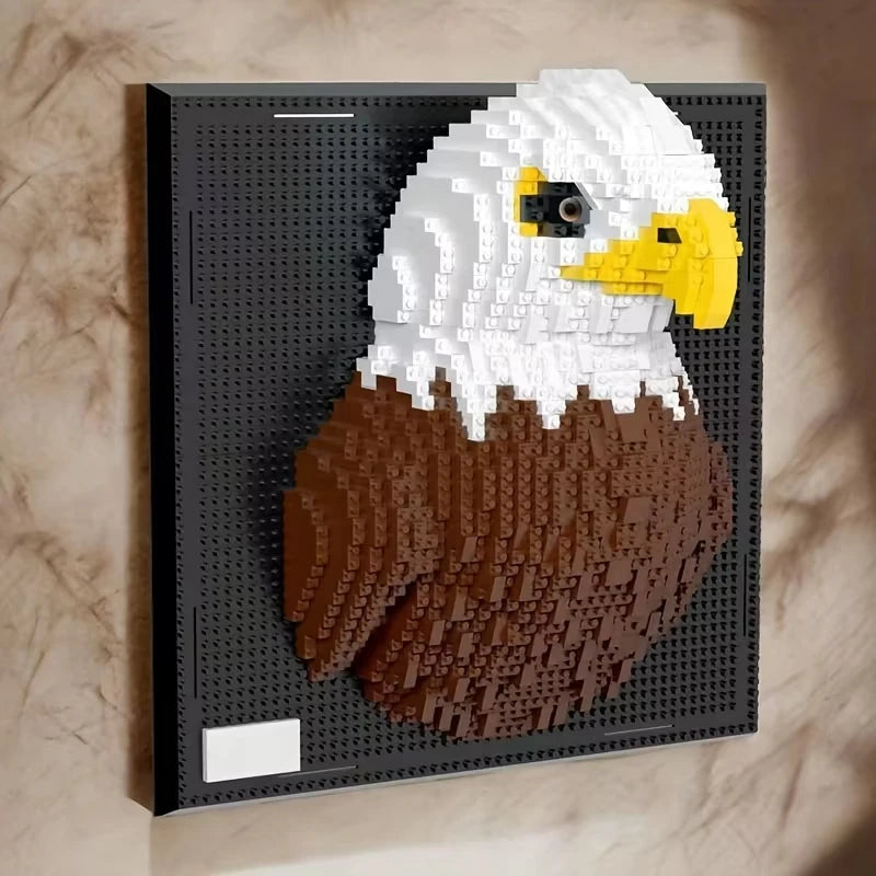 A 3D mosaic building block wall art kit depicting an eagle with white and yellow head and brown body.