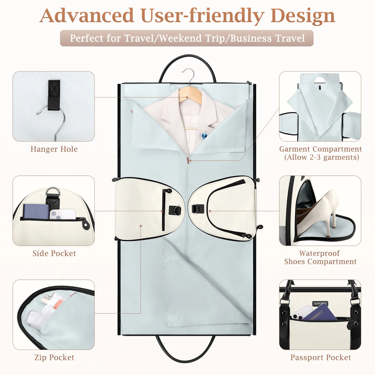 Light blue convertible garment duffel bag with separate compartments for garments, shoes, and a passport