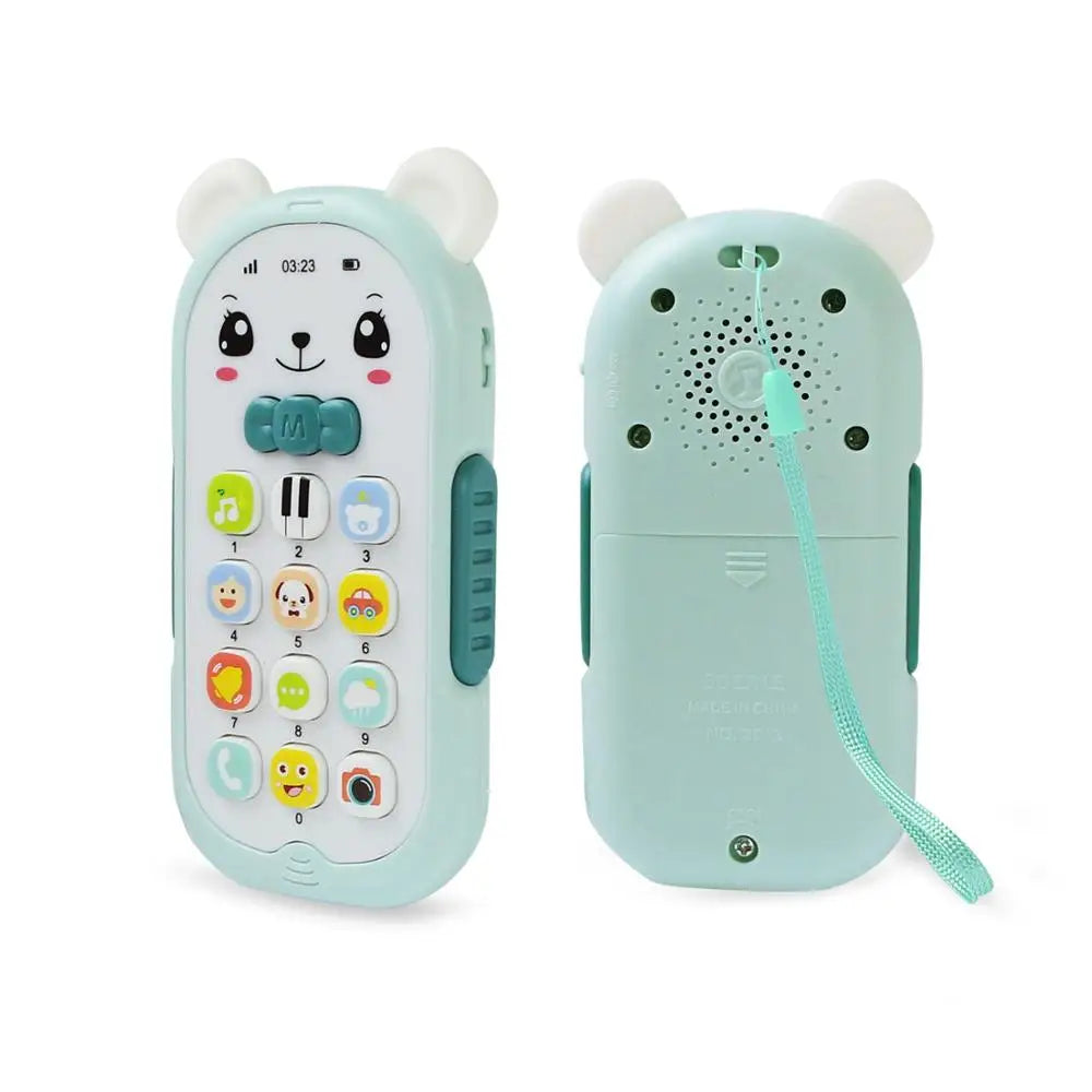 A light mint green musical teether phone toy shaped like a bear with large ears and a cord.