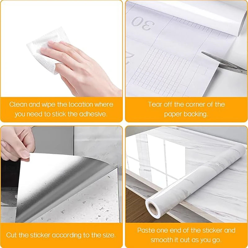 Instructions for applying pearl finish waterproof self-adhesive wallpaper, showing cleaning, tearing backing, and pasting.