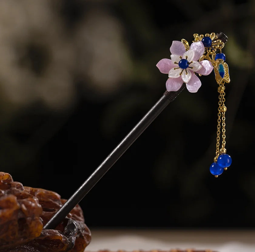 Handcrafted Wooden Hairpin with Flower Tassel