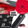 A red umbrella is shown alongside a black item, highlighting its detail display and waterproof cloth features.