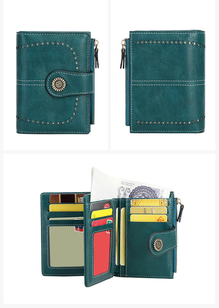 A teal leather wallet with multiple card slots and a decorative stitching detail.