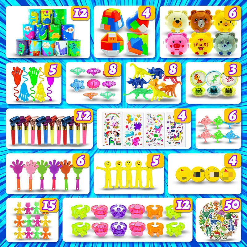 Assortment of kids party favors including snap bracelets, fidget toys, and various colorful items.
