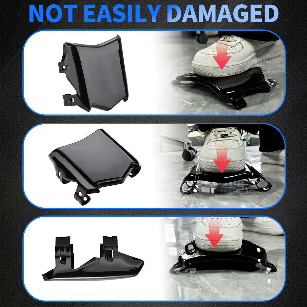 Black electric bike front plate guard shown in various angles and contexts.