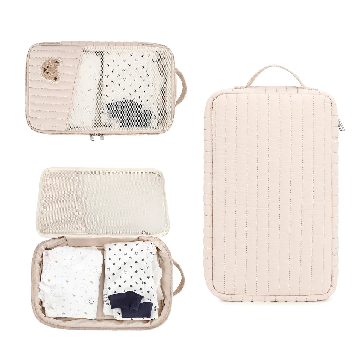 A beige stroller hanging diaper bag with separate storage compartments for baby clothes and accessories.