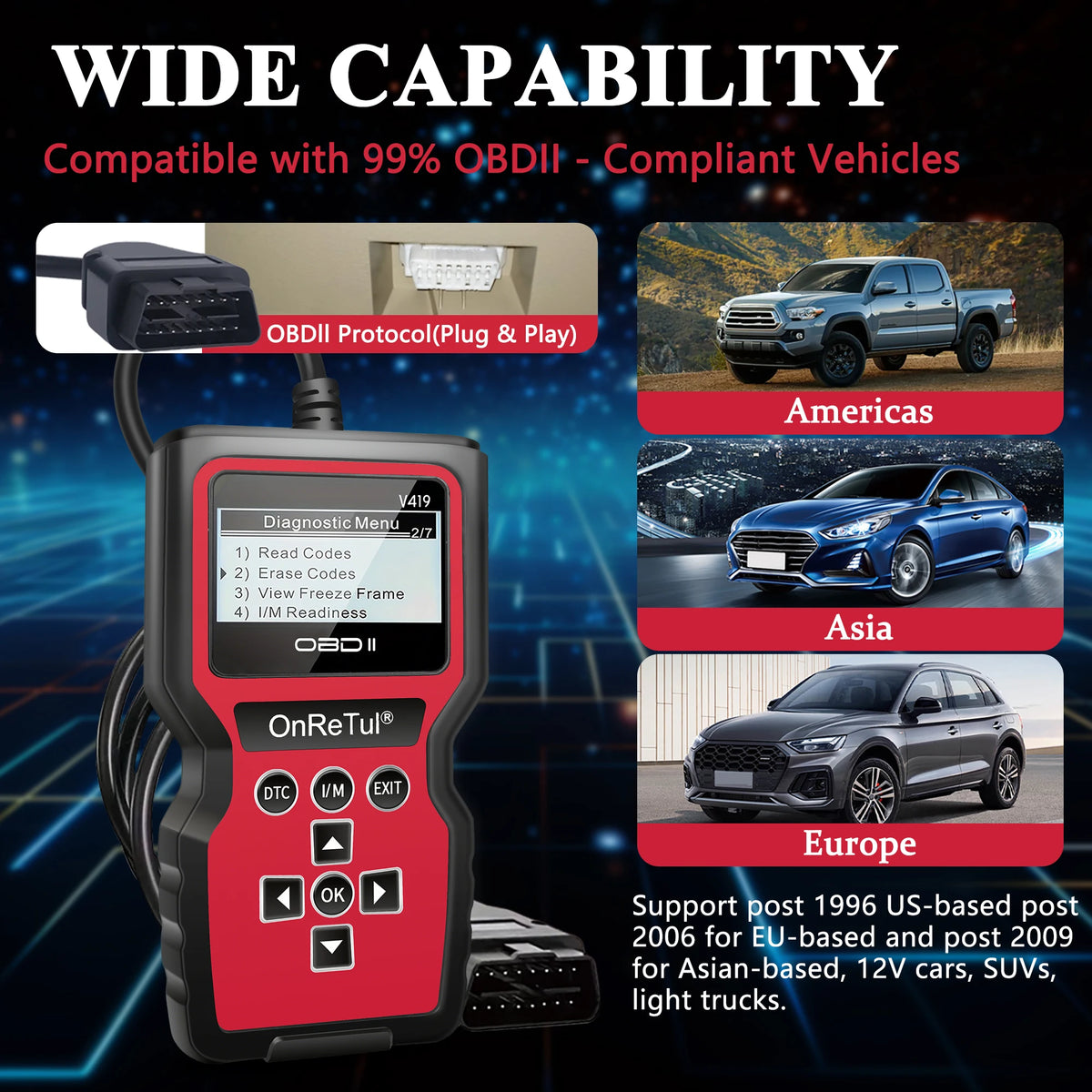 A red OBDII diagnostic scan tool with various buttons and connectors shown against a dark background.